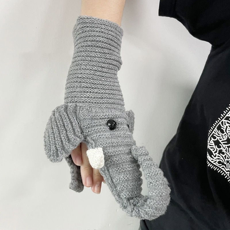 Knitted Thick Warm Men Gloves Winter Cartoon Stereo Elephant Mittens Acrylic Fibres Finger Exposed Gloves for